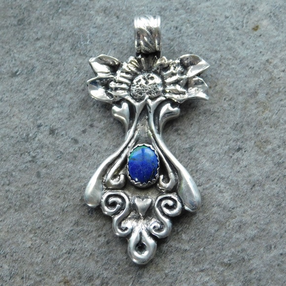 Lapis Azure with Malachite Sunflower Pendant - by Konnie K